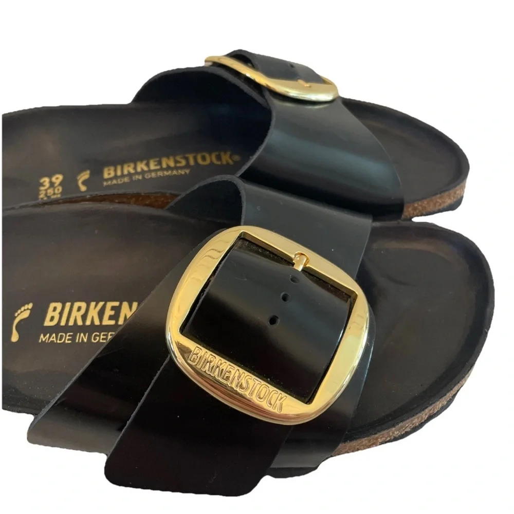 Birkenstock Madrid High Shine Big Buckle Black Slide Sandal Gold Size 39/US 8 - Picture 4 of 12